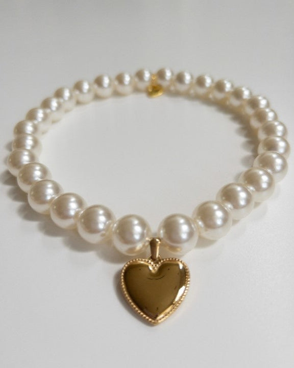 Pearl Dog Necklace with Heart Charm, 3XS/XXS