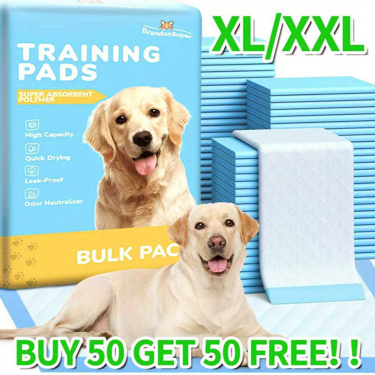 (Quick Arrival) Buy 50 Get 50 Free Thickened High Quality Super Absorbent Dog Pee Pad, XL/ XXL Suitable for Medium And Large Dogs, Easy to Clean, Is a Must-Have for Camping Dogs, Adult Bed Care Pads