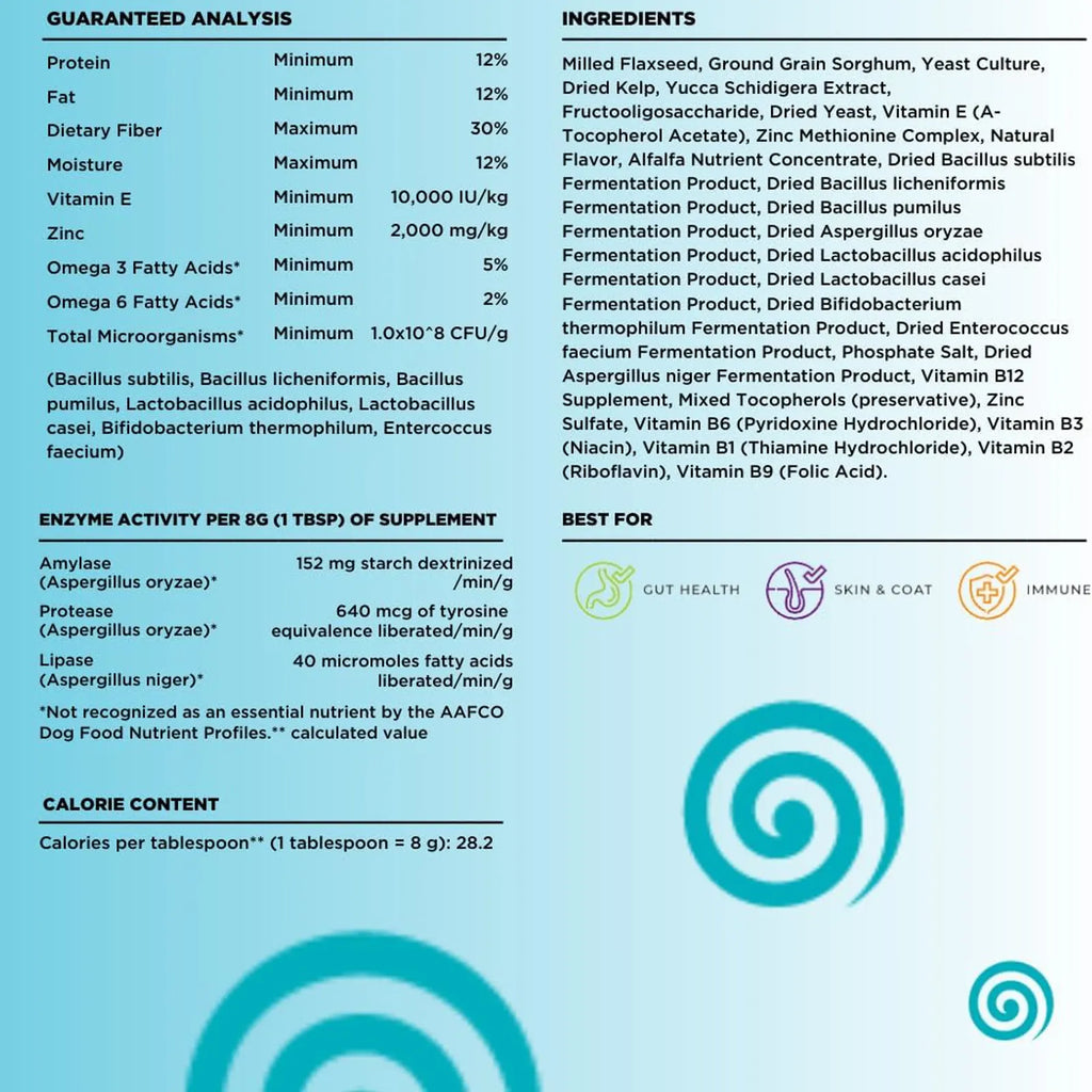 Nutritional label with guaranteed analysis, ingredients, and supplement details on a blue background.