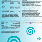 Nutritional label with guaranteed analysis, ingredients, and supplement details on a blue background.