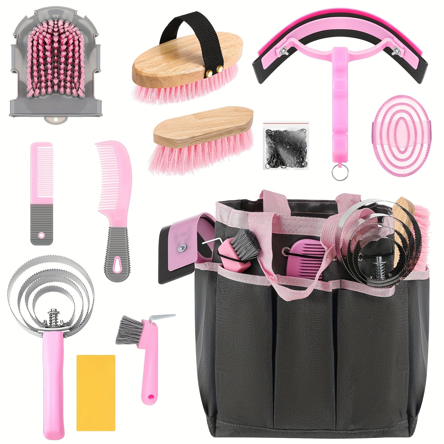 Equine Grooming Brush Set 12-Piece with Organizer Tote Bag – Complete Horse Care Kit with Shedding Brush, Detangler, Hoof Pick & Massage Tools | For Curly & Smooth Horses, Pink & Grey Tack Supplies