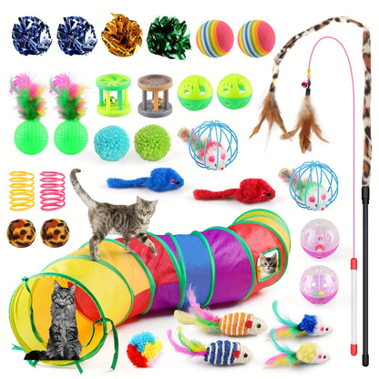 Cat Toys Set 32 Pcs Interactive Kitten Toy Assortment with Rainbow Tunnel, Feather Teaser Wand, Sisal Mice, Bell Balls & Crinkle Balls - Indoor Cat Enrichment Toy Bundle