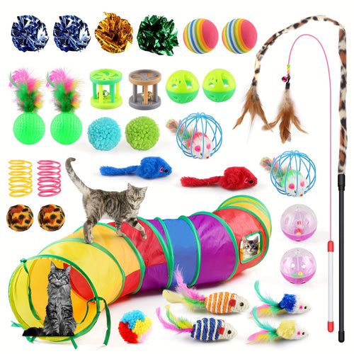 Cat Toys Set 32 Pcs Interactive Kitten Toy Assortment with Rainbow Tunnel, Feather Teaser Wand, Sisal Mice, Bell Balls & Crinkle Balls - Indoor Cat Enrichment Toy Bundle