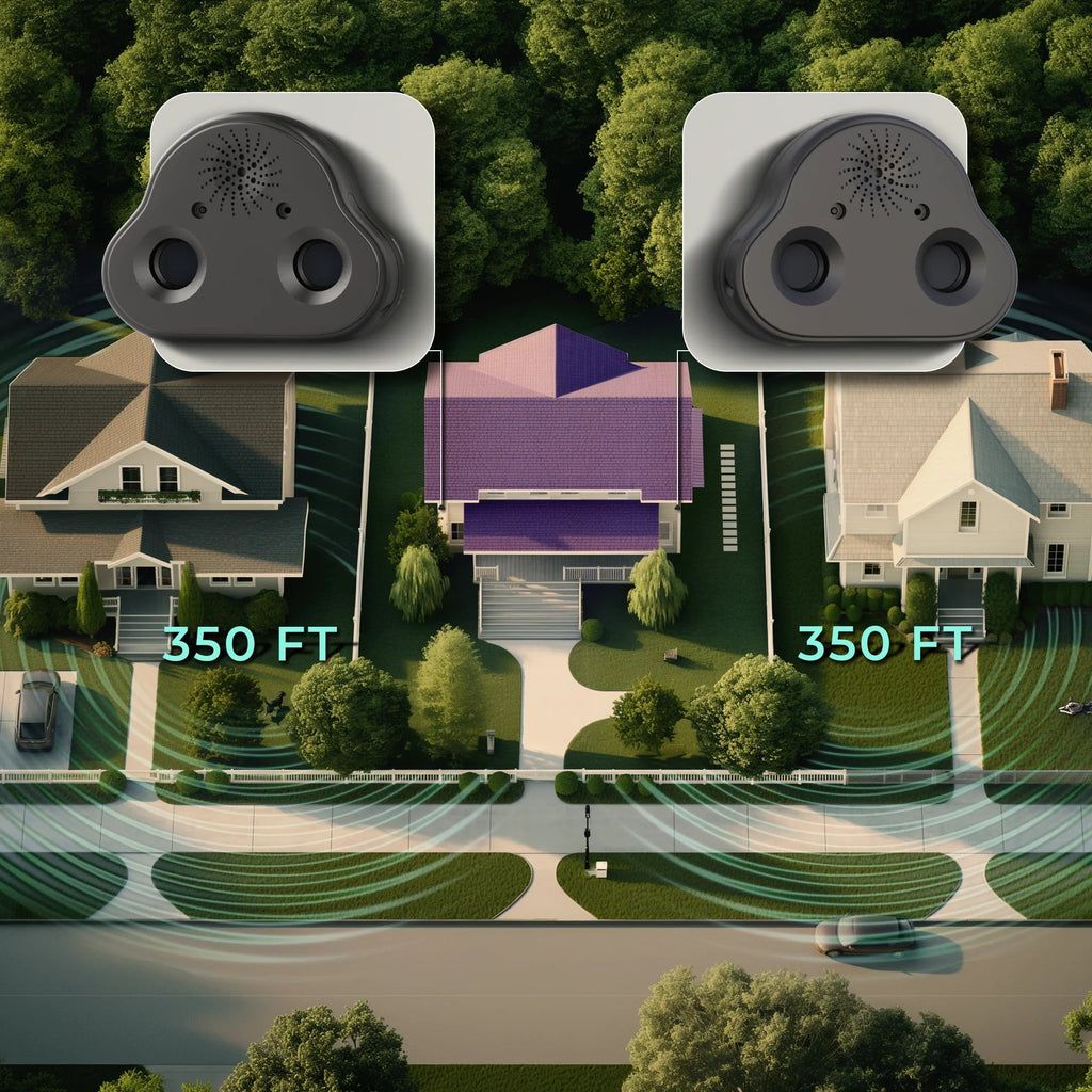 Residential houses shown with ultrasonic bark control coverage areas .