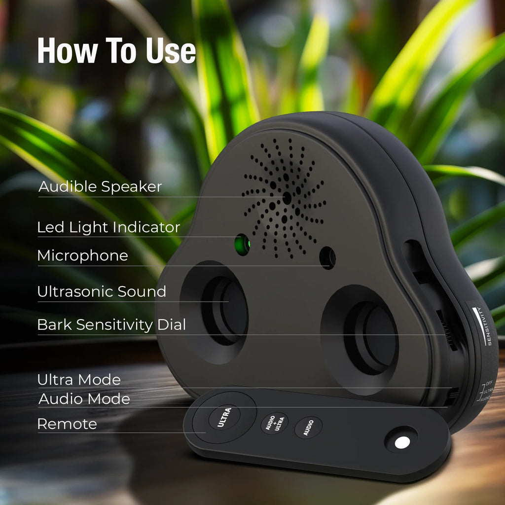 Ultrasonic bark control device with text labels.