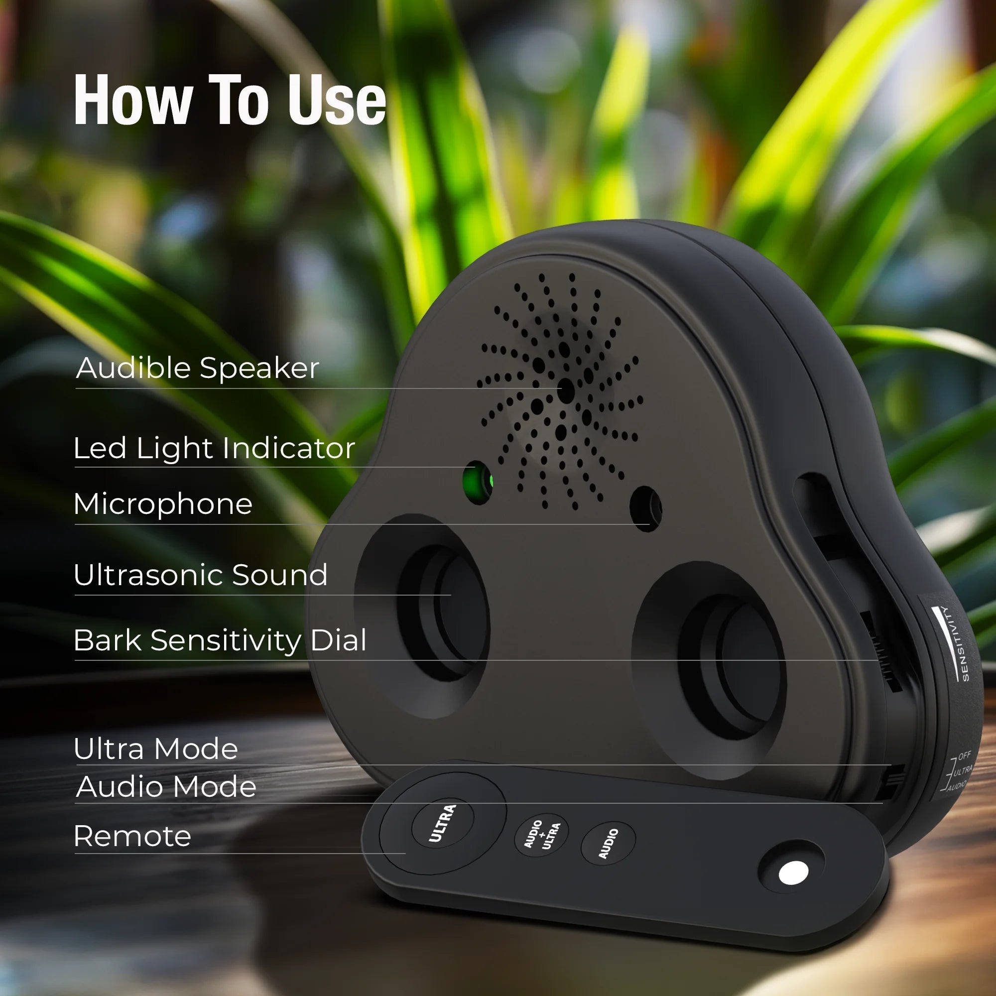 Ultrasonic bark control device with text labels.