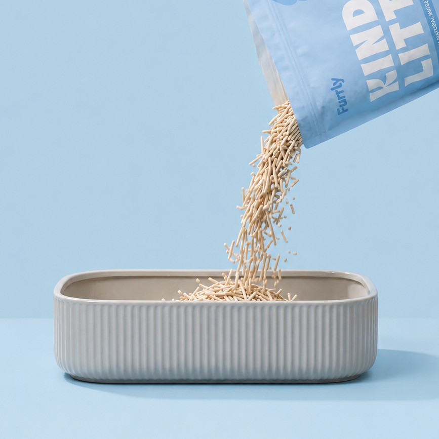 FURRLY Kind Natural Cat Litter in a bag, showing the eco-friendly packaging and product details.