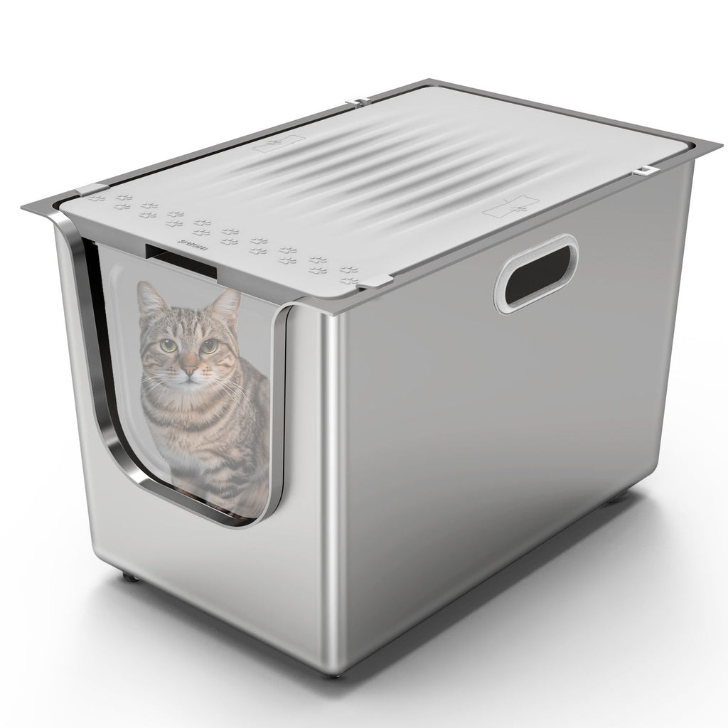 High-sided stainless steel litter box with flip door and top lid