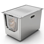 High-sided stainless steel litter box with flip door and top lid