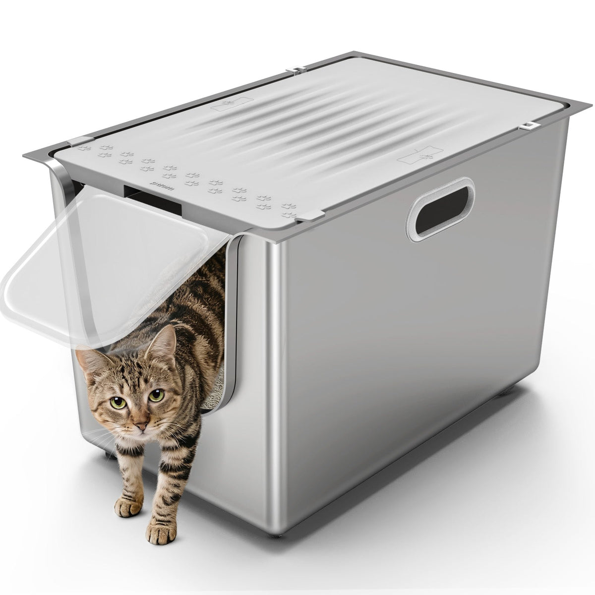 Cat exiting a stainless steel litter box through the flip door