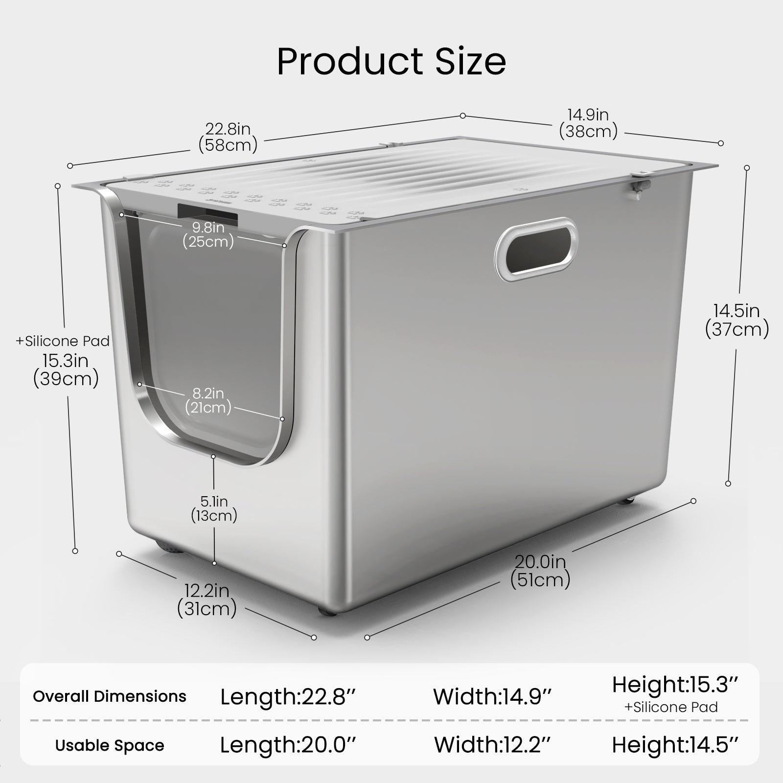 High-sided flip-door stainless steel cat litter box dimensions