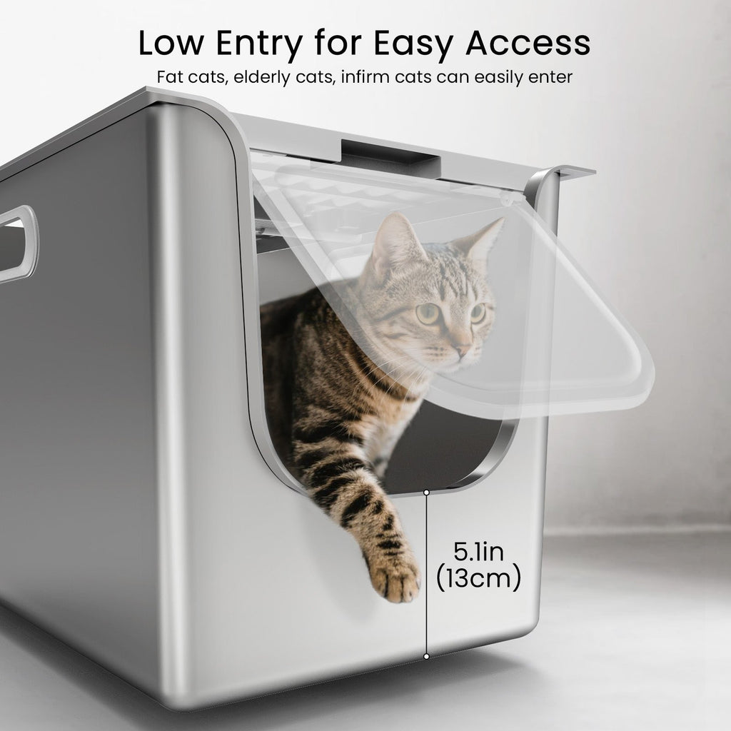 Low flip-door entry helps cats access a high-sided litter box