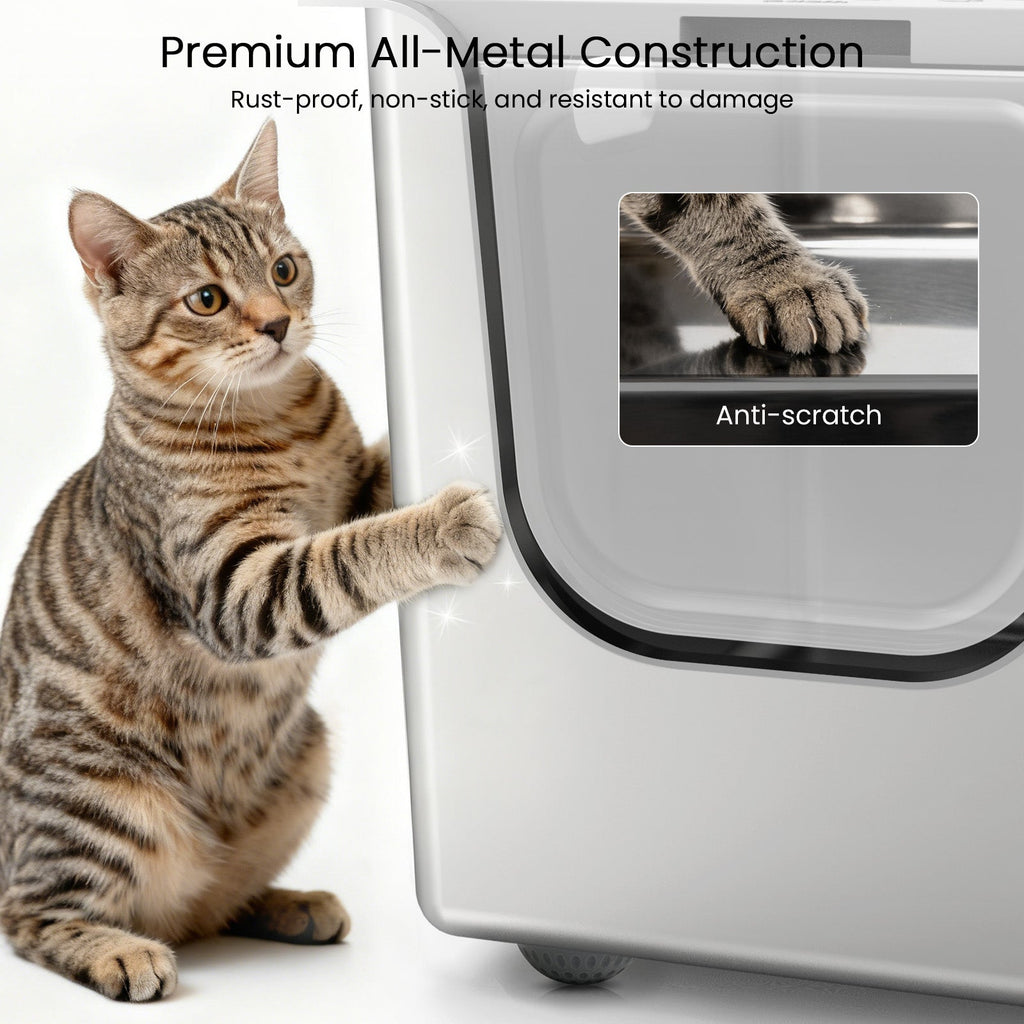 Scratch-resistant stainless steel flip door and litter box construction
