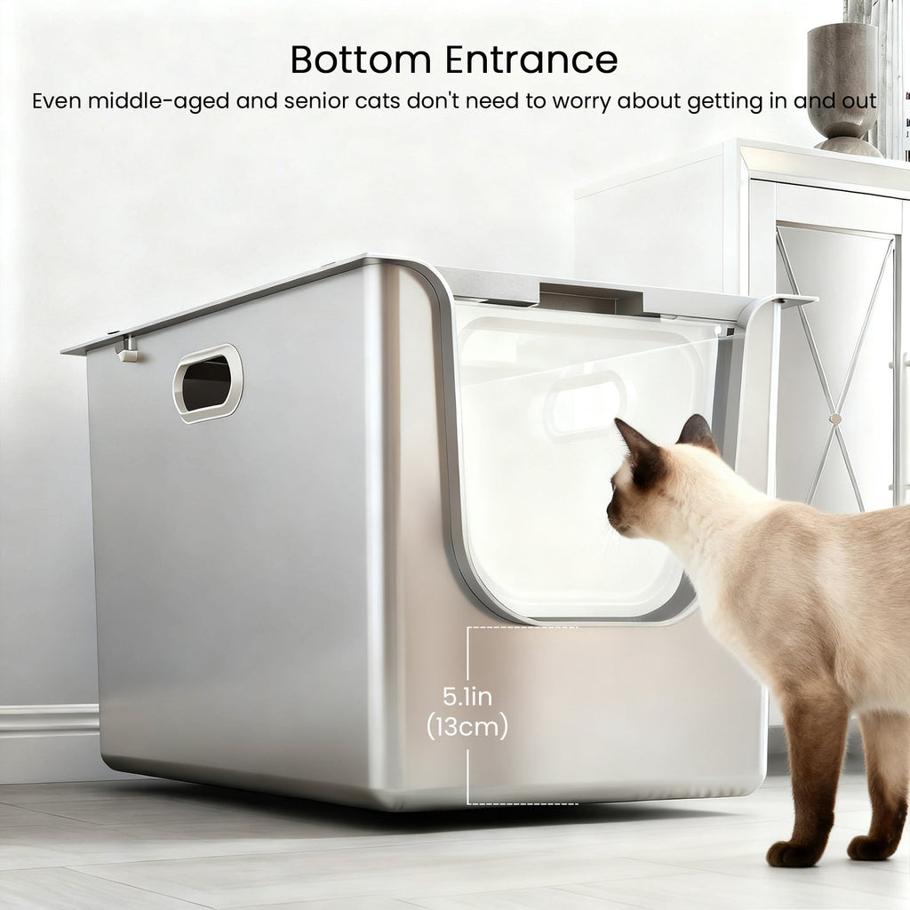 5.1-inch bottom entry on a covered stainless steel litter box