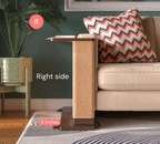 A Cat-e-Corner table placed next to a sofa, integrating a cat's scratching post with a small table, in a room with a plant and a colorful cushion.