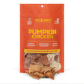 Front view of Pumpkin Chicken pouch showing resealable orange packaging and visible dehydrated chicken strips