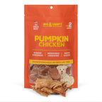 Front view of Pumpkin Chicken pouch showing resealable orange packaging and visible dehydrated chicken strips
