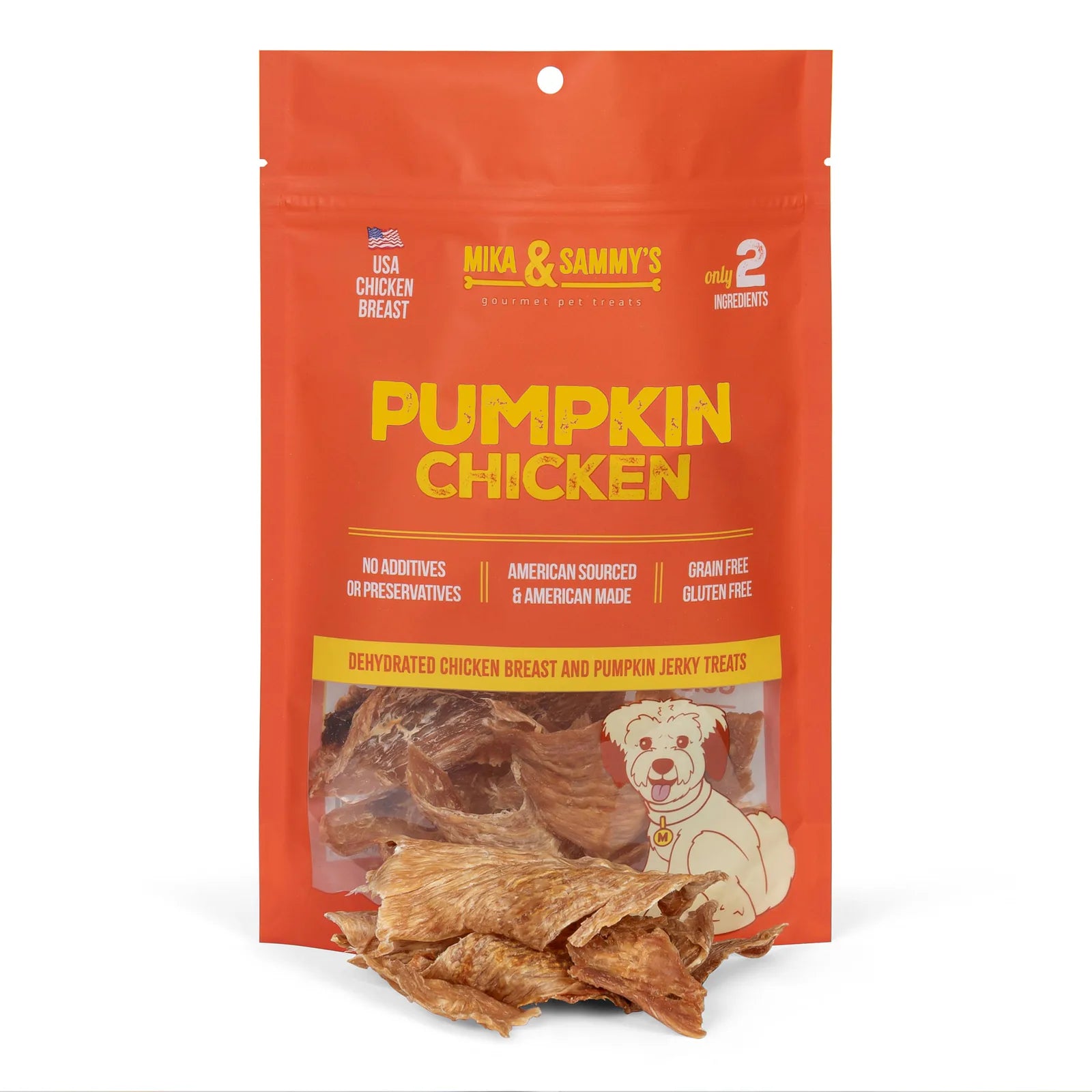 Front view of Pumpkin Chicken pouch showing resealable orange packaging and visible dehydrated chicken strips