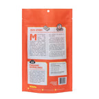Back of Pumpkin Chicken pouch showing Our Story, feeding guidelines, ingredients and barcode on orange resealable bag with white background