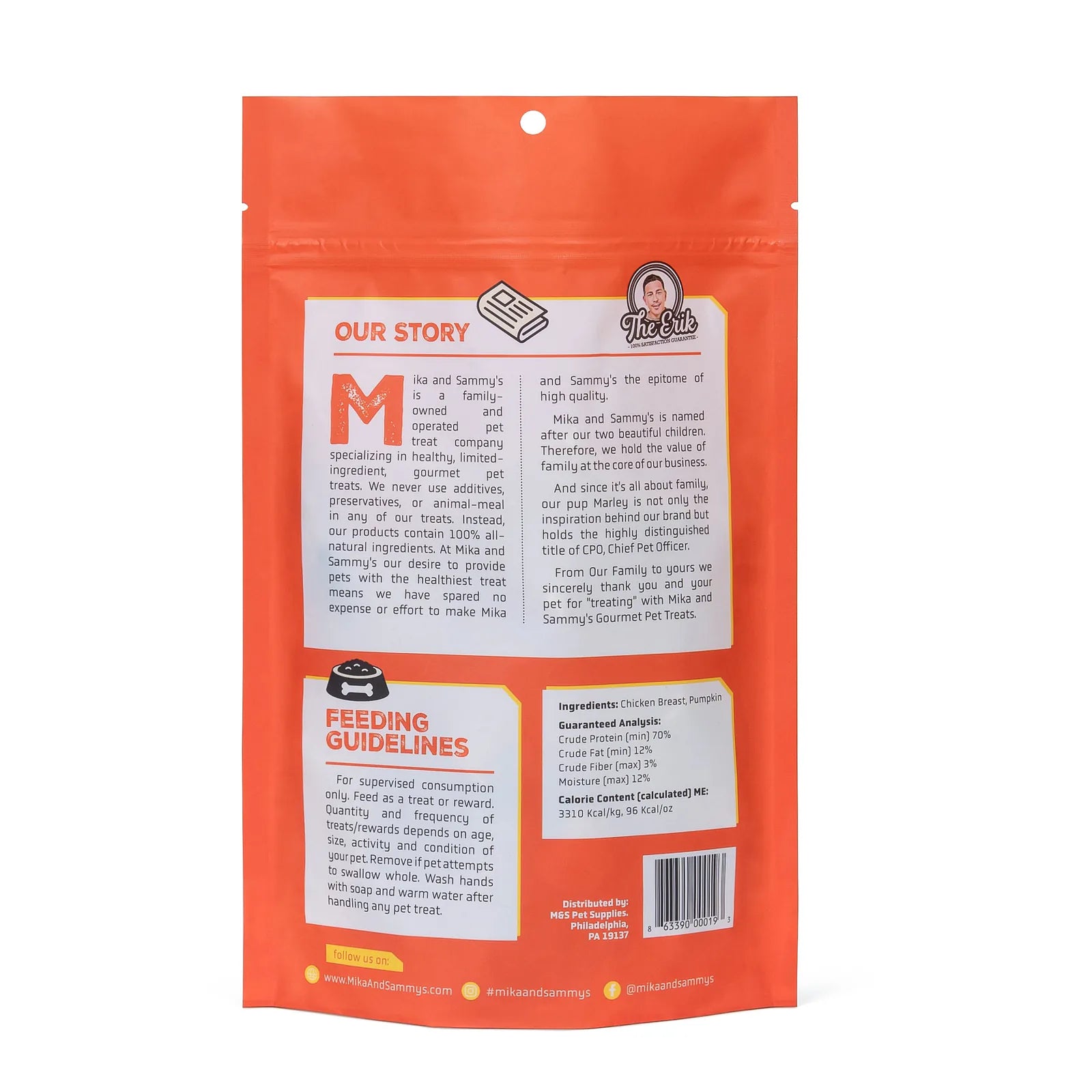 Back of Pumpkin Chicken pouch showing Our Story, feeding guidelines, ingredients and barcode on orange resealable bag with white background