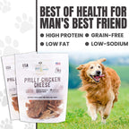 Golden retriever running beside two Philly Chicken Cheese treat bags with headline ‘Best of Health for Man’s Best Friend’