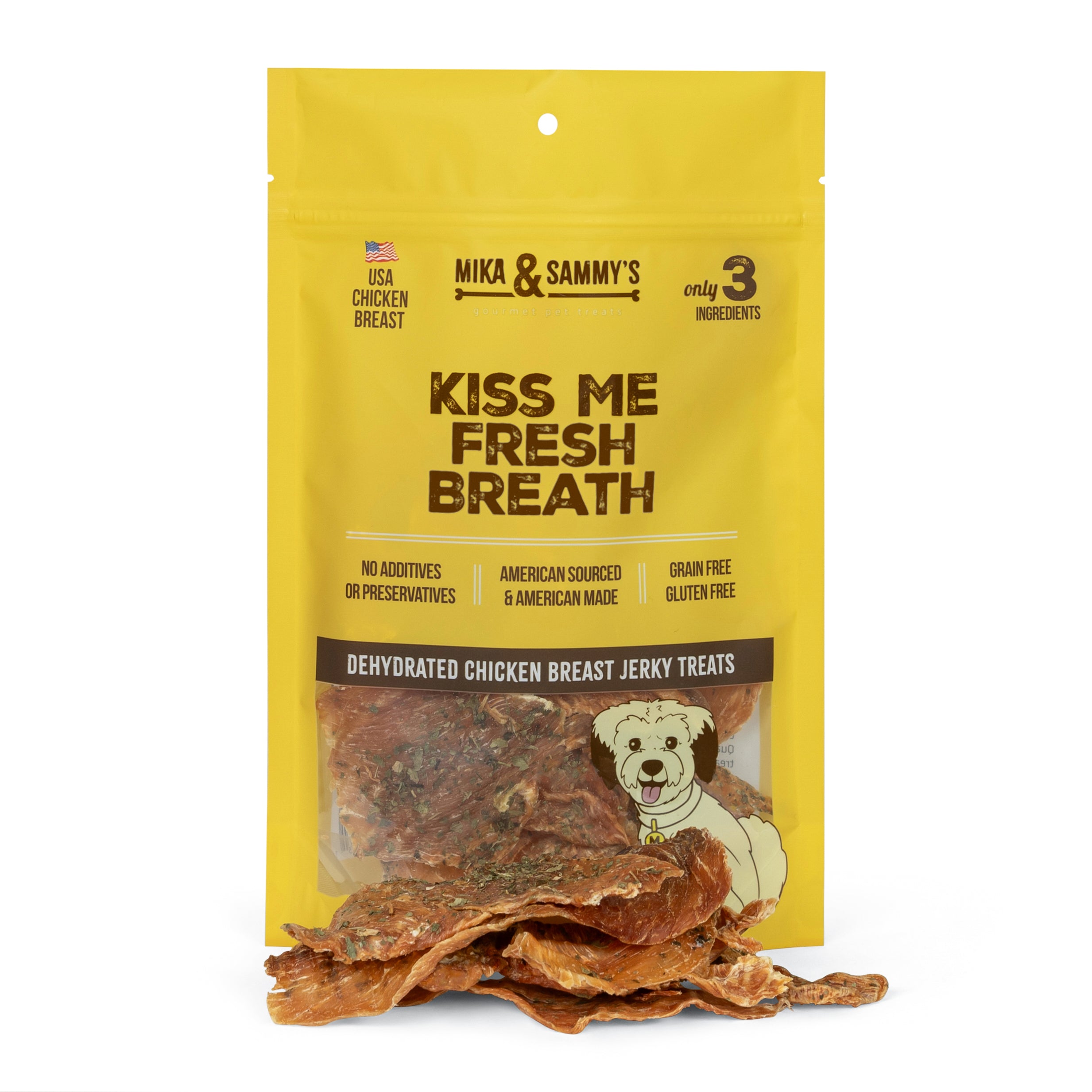 Front view of Kiss Me Fresh Breath chicken breast jerky bag showing clear window with jerky and yellow resealable pouch on white background