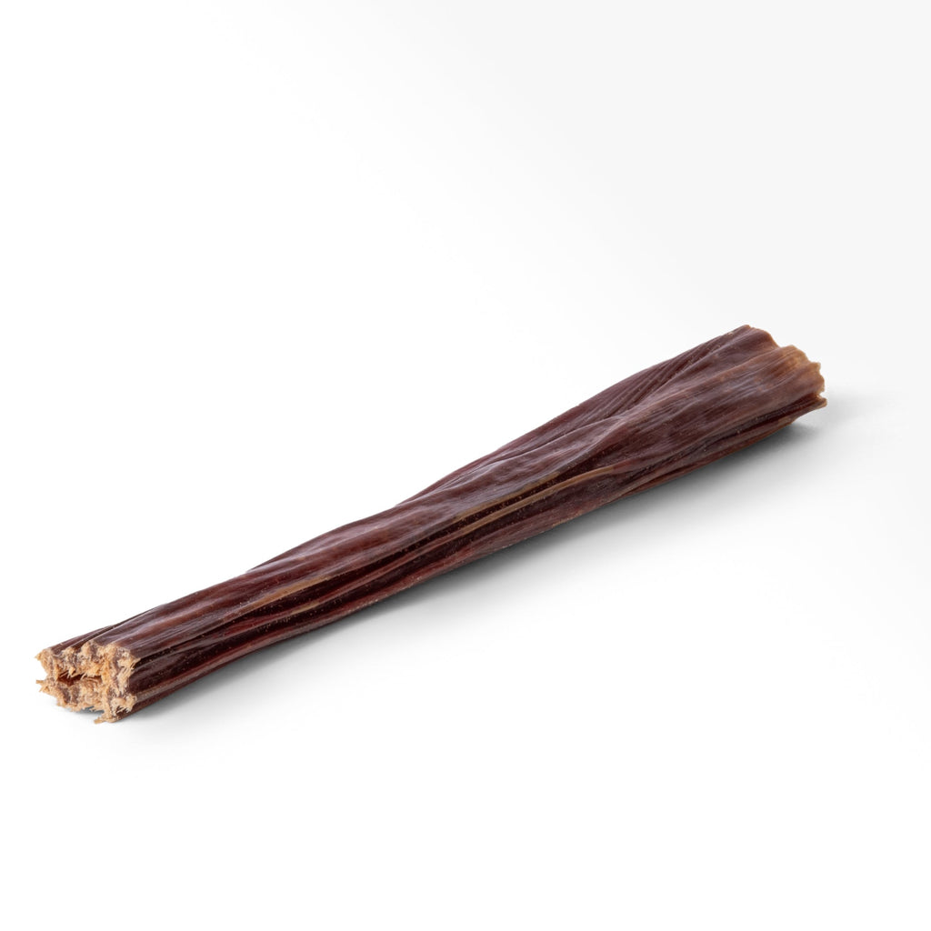 Angled view of 6-inch beef gullet (beef esophagus) jerky stick showcasing braided texture and frayed chewable end on a white background