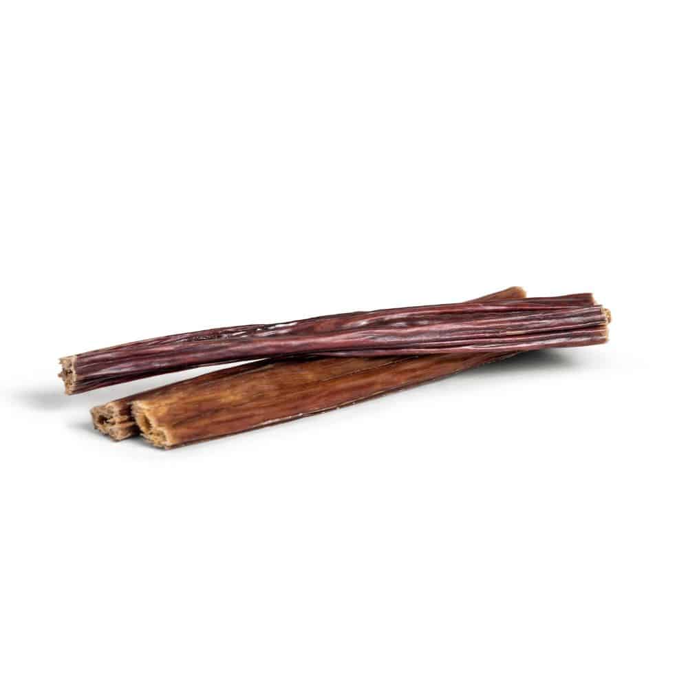 Close-up of three 6-inch Beef Gullet Jerky Sticks showcasing braided texture and natural brown color on white background