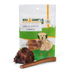 Front view of Uncle Justy’s Sample pack showing chicken jerky with a smoked marrow bone and 6-inch bully stick on white