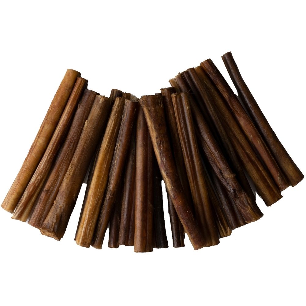 Top-down view of hickory-smoked 6-inch bully sticks showcasing single-ingredient chews on white background