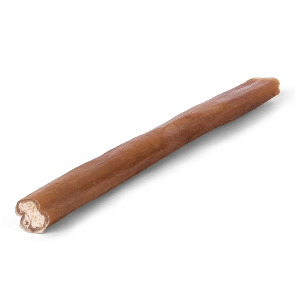 Angled side view of 6-inch thin bully stick showing hollow center and smooth brown baked surface on white background