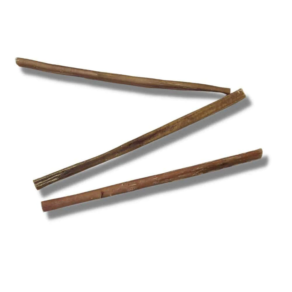 Top-down view of three 6-inch thin bully sticks showcasing their slim, baked beef texture on a white background