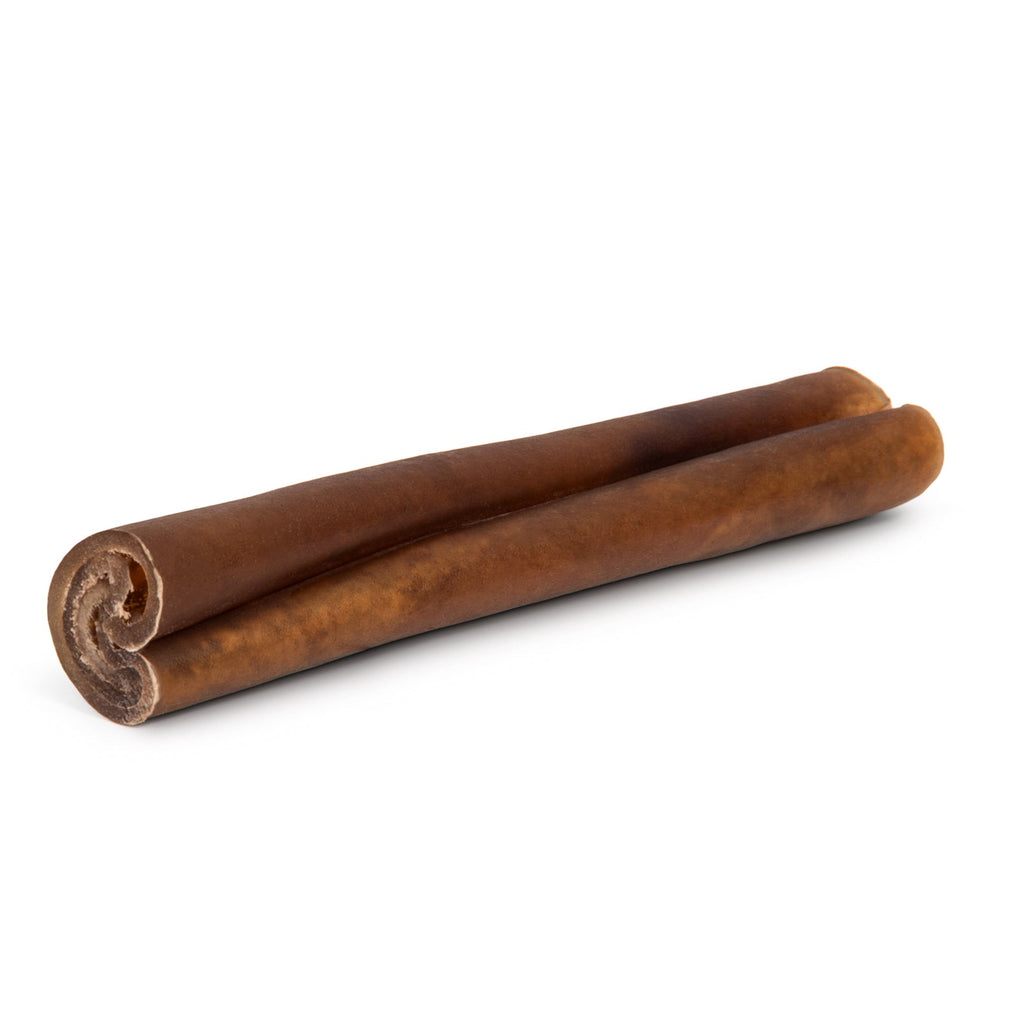 Angled close-up of two beef cheek sticks showing the rolled end and smooth brown exterior on a white background