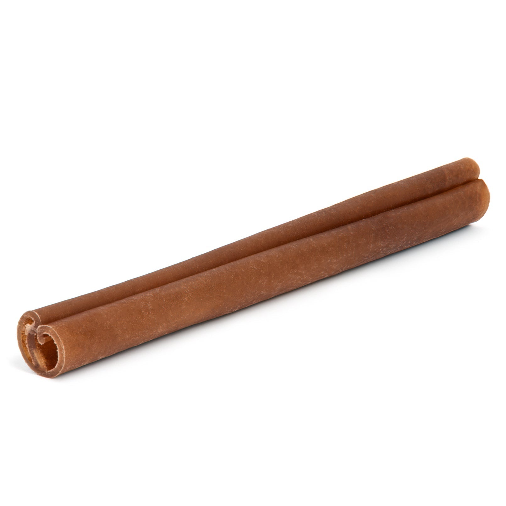 Angled view of two 12-inch beef cheek sticks showing rolled, firm texture on a white background