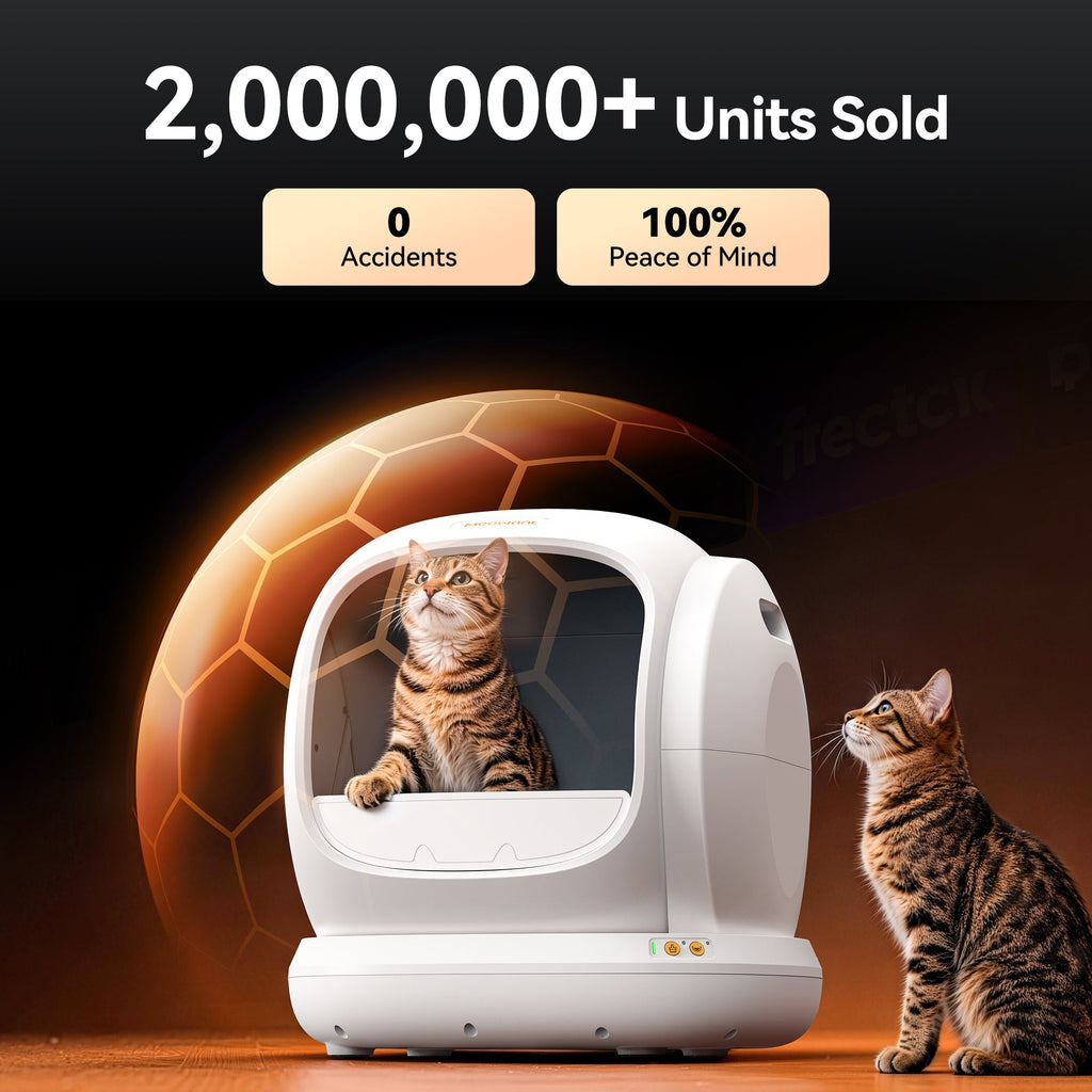 White Meowant self-cleaning litter box with cats; 2M+ units sold, 0 accidents, 100% peace of mind.