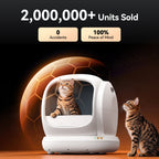White Meowant self-cleaning litter box with cats; 2M+ units sold, 0 accidents, 100% peace of mind.