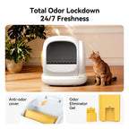 White Meowant MW-SC02 self-cleaning litter box with cat, features odor control.