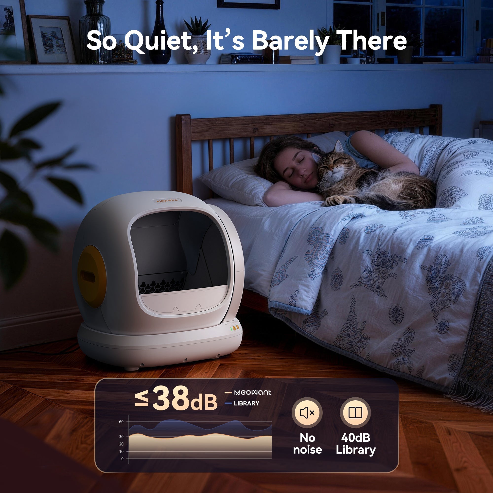 Meowant white self-cleaning cat litter box in bedroom, demonstrating whisper-quiet ≤ 38dB operation.