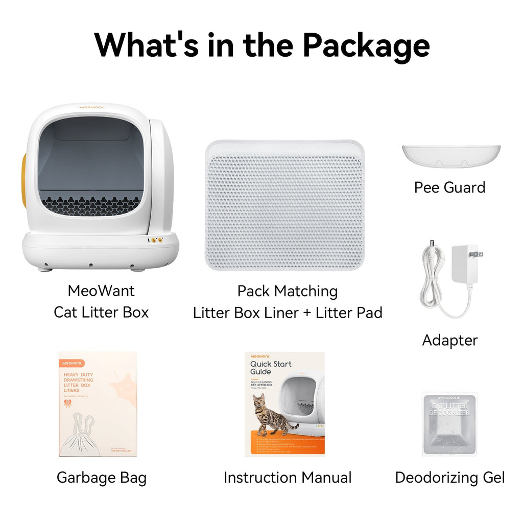Meowant Self-Cleaning Litter Box package accessories: liners, pad, adapter, manual, deodorizer.