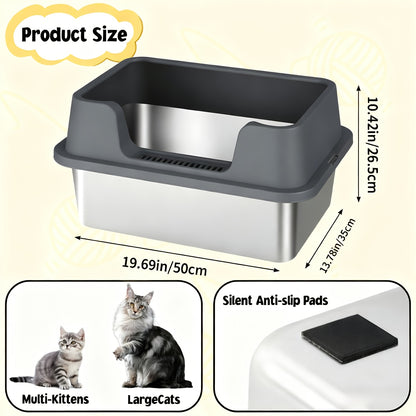 Stainless Steel Cat Litter Box with Scoop - High-Wall Semi-Enclosed Design, Non-Stick Easy Clean Surface, Anti-Leakage Odor Control, 2 Sizes for Kittens & Multiple Cats, Modern Metal Pet Toilet
