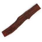 Top view of a beef gullet jerky strip showing long flat dried texture and dark brown color on a white background