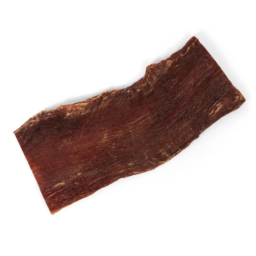 Top-down view of 6-inch beef gullet jerky strip showcasing its dry, chewy texture with white background