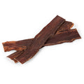 Top-down view of three beef gullet jerky strips showcasing thin, flat dark-brown dried texture on white background for SHP-5463-0C5F3D