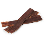Top-down view of three beef gullet jerky strips showcasing thin, flat dark-brown dried texture on white background for SHP-5463-0C5F3D