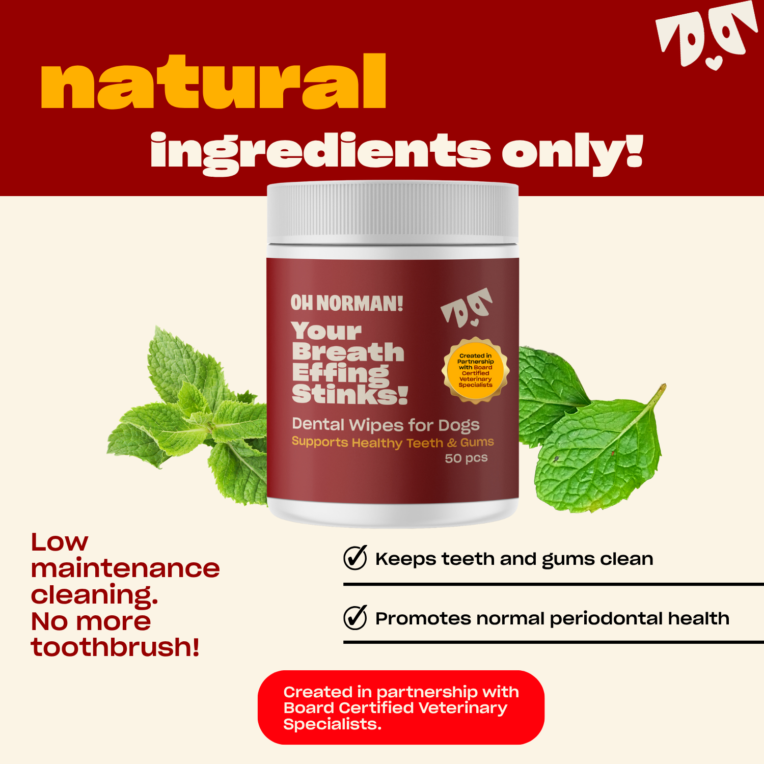 Product graphic showing 'Your Breath Effing Stinks!' dental wipes under headline 'natural ingredients only!' keeping teeth and gums clean