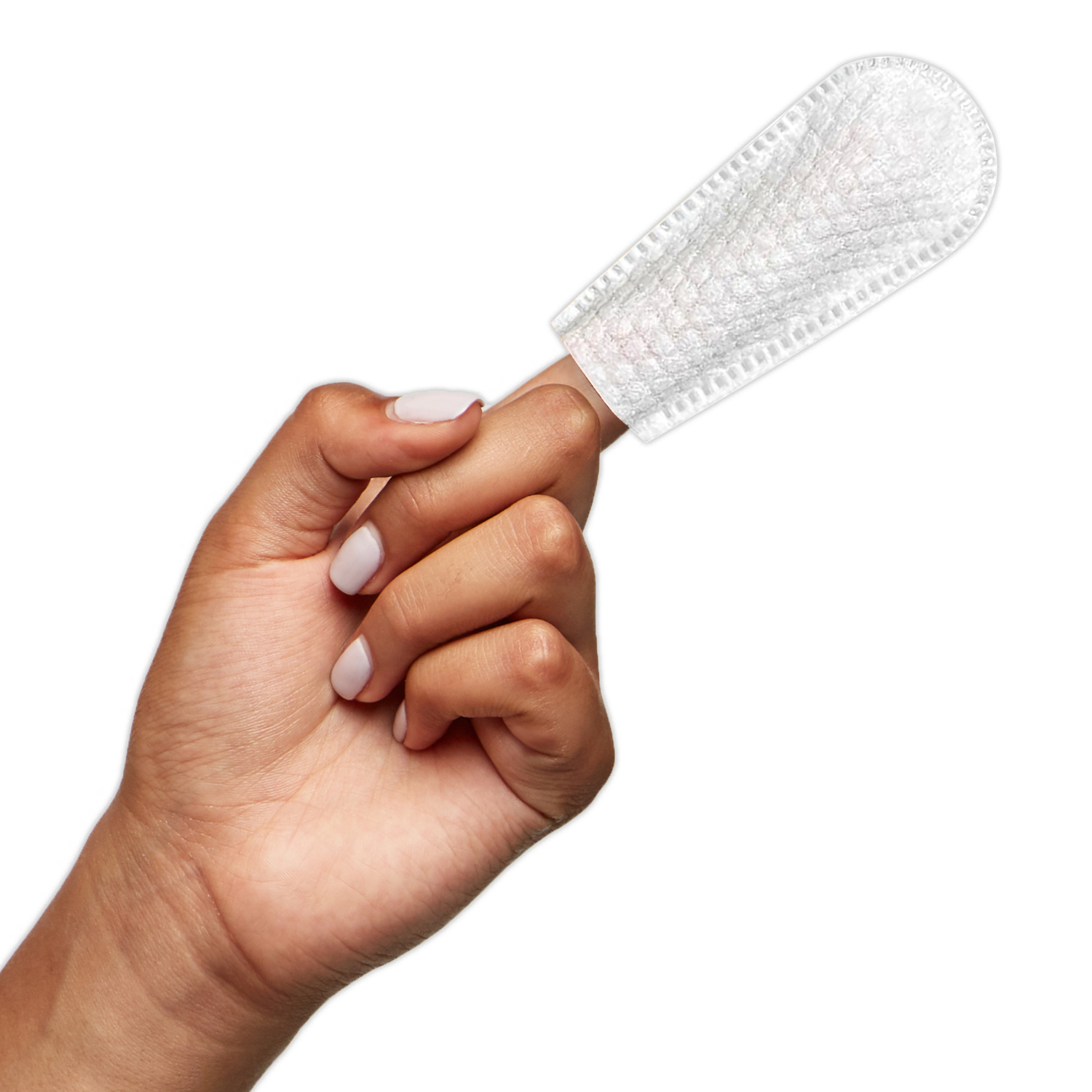 Close-up of finger wearing a white textured dental finger wipe mitt showing the textured cleaning pad on a white background