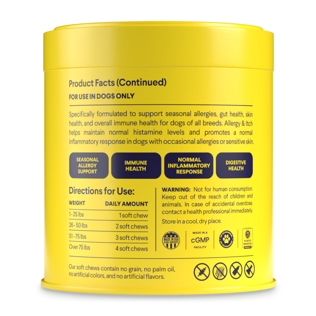 A yellow Finn container for the Allergy & Itch Supplement For Dogs details facts about dog supplements targeting allergy support. It lists benefits for seasonal allergies, immune defense, inflammatory response, and digestive health via natural ingredients and includes usage directions by dog weight.