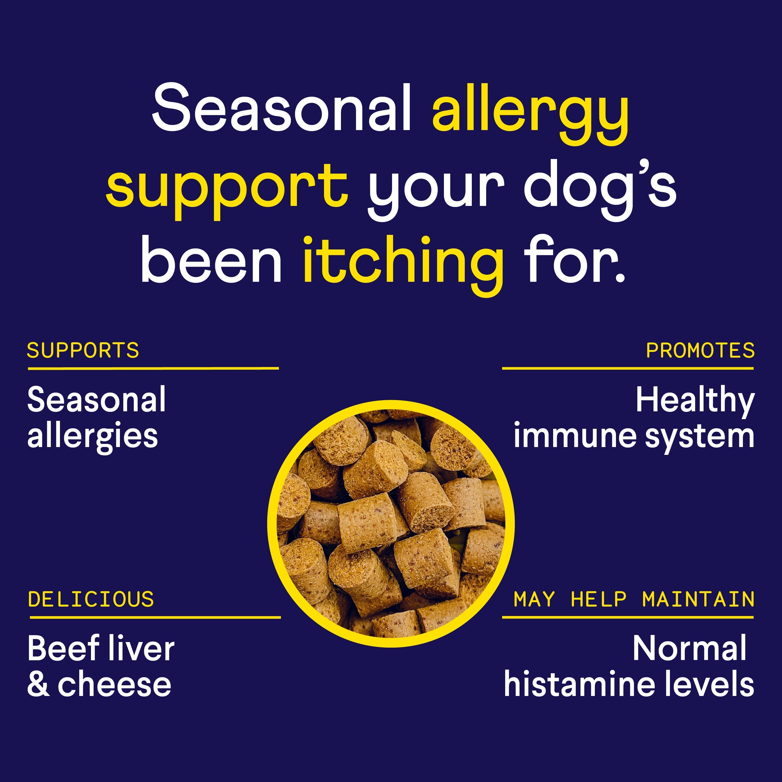 On a dark blue background: Give your dog the natural allergy support theyve been itching for. Features a circle with kibble in the middle, and text stating: Boosts immune defense, promotes a healthy system, delicious beef liver & cheese flavor, may help maintain normal histamine levels. Brand: Finn.