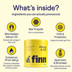 The image shows a yellow container of Finn Allergy & Itch Supplement For Dogs, displaying icons with the text: Wild Alaskan Salmon Oil, Bee Propolis, FOS & Probiotics, Colostrum (from dairy), and Quercetin & Bromelain. These ingredients provide allergy relief and strengthen immune defense.