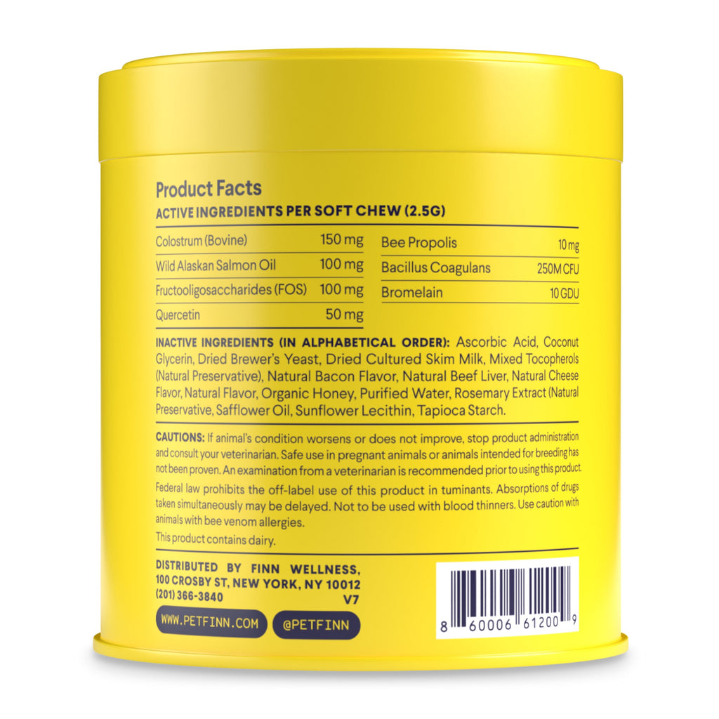 The yellow container presents facts for Finns Allergy & Itch Supplement For Dogs, with natural ingredients like Colostrum, Salmon Oil, and Propolis to boost immune health. Each soft chew is rich in active ingredients. Company details and social media are printed at the bottom.